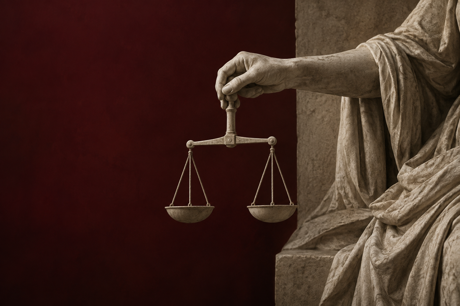 Detalle escultórico de Themis sosteniendo una balanza